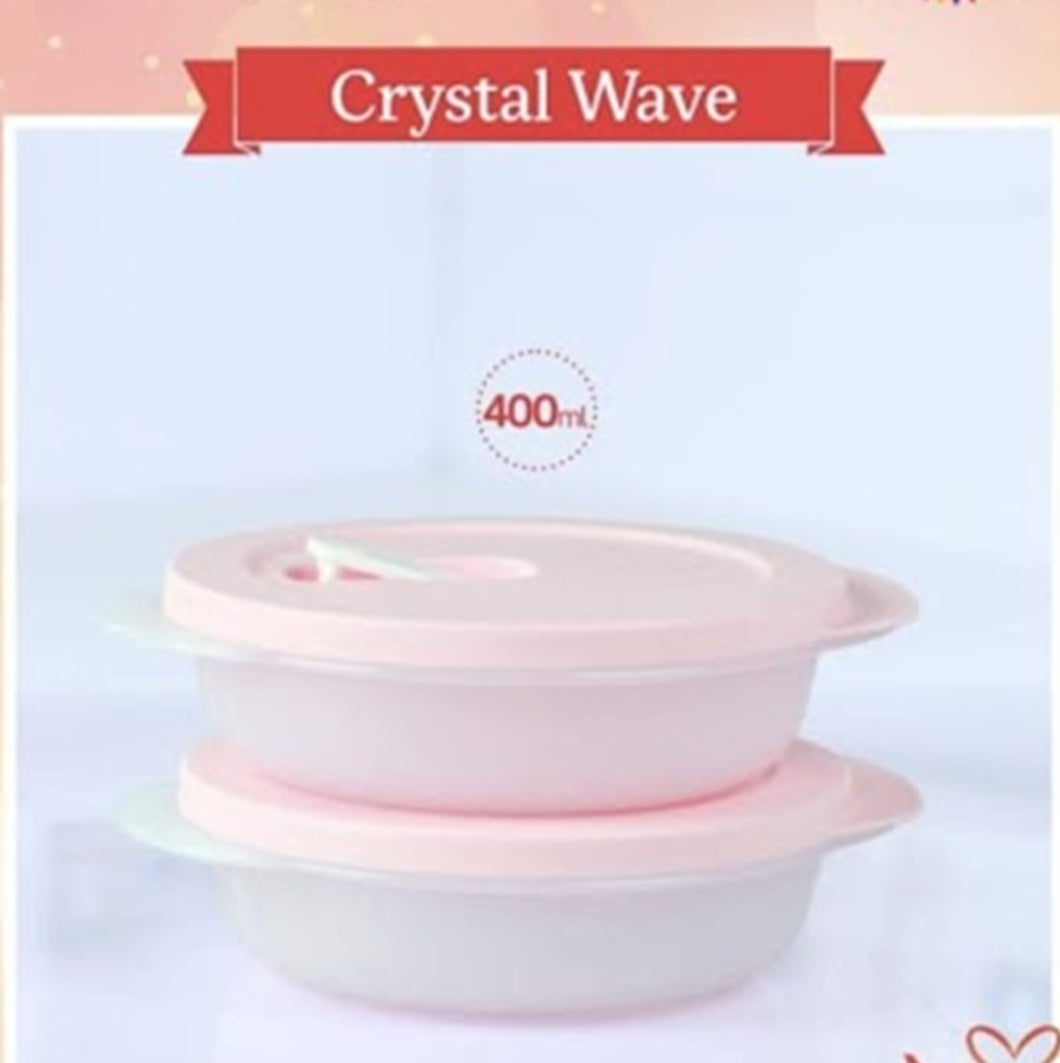 TUPPERWARE CRYSTALWAVE 2 MICROWAVE CONTAINERS 1.75-C ROUND REHEATING SHEER BOWLS w/ PINK VENTED SEALS