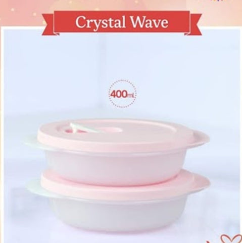 TUPPERWARE CRYSTALWAVE 2 MICROWAVE CONTAINERS 1.75-C ROUND REHEATING SHEER BOWLS w/ PINK VENTED SEALS