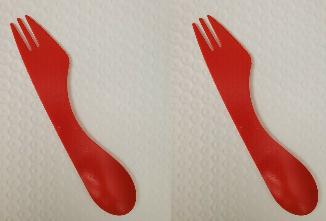 Tupperware 2 RED ALL-IN-ONE MULTI-PURPOSE UTENCIL KNIFE SPOON & FORK NEW RARE