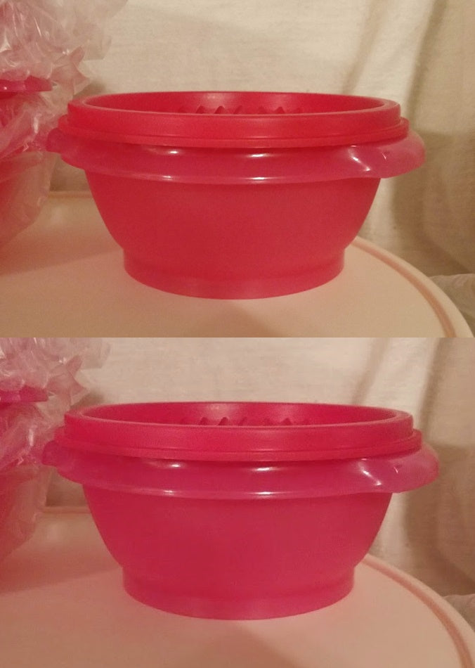 Tupperware TWO Servalier Bowls 10 oz. RED Bowl w/ FIRE RED Instant Accordion Round Seal