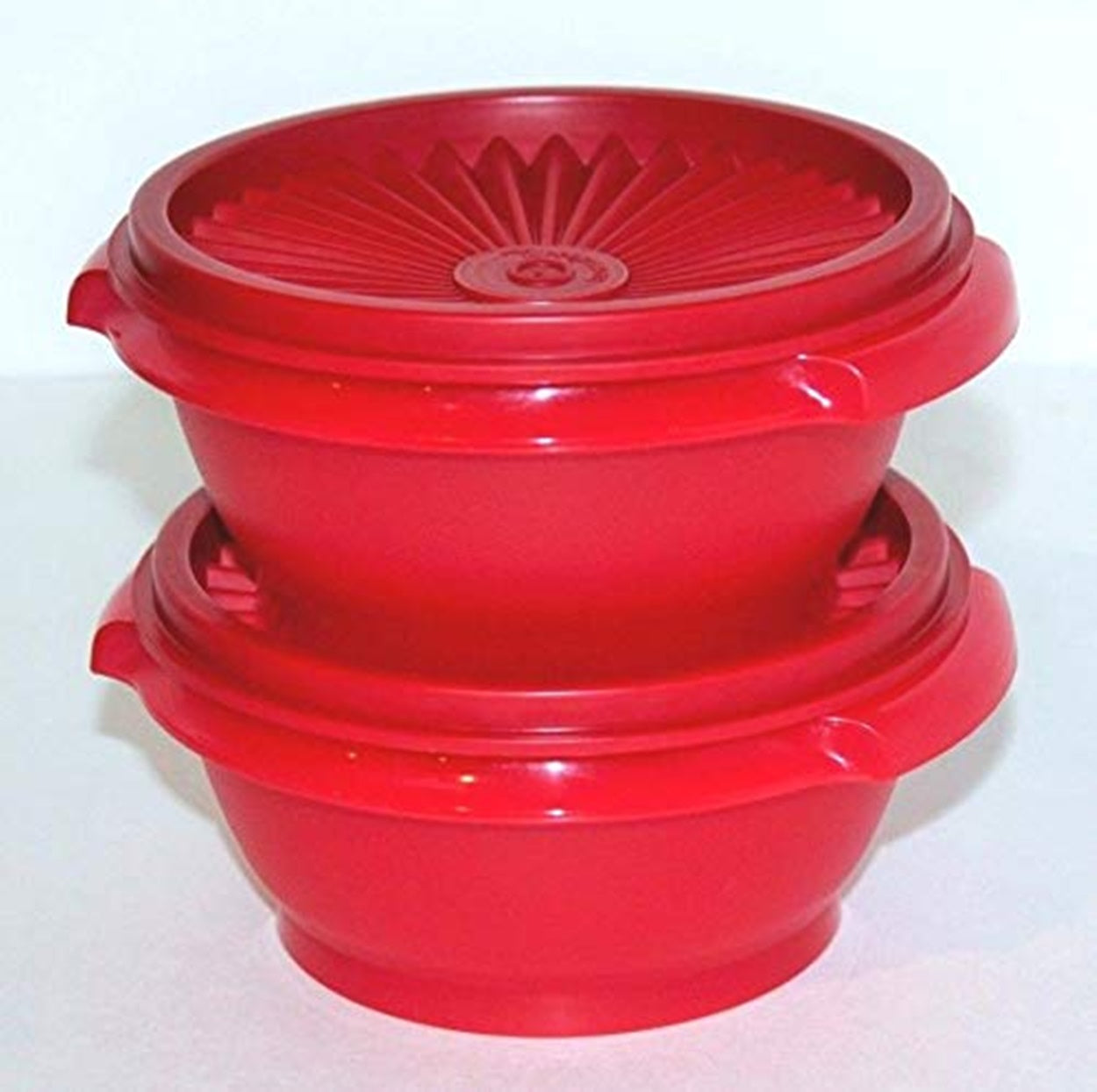 Tupperware TWO Servalier Bowls 10 oz. RED Bowl w/ FIRE RED Instant