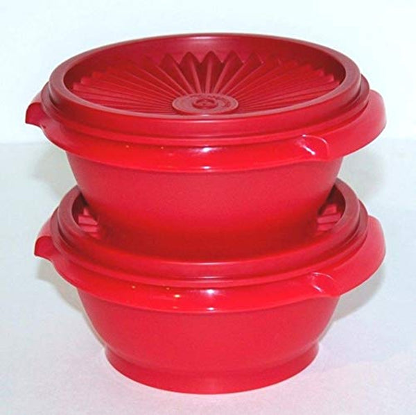 Tupperware TWO Servalier Bowls 10 oz. RED Bowl w/ FIRE RED Instant Accordion Round Seal