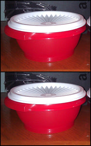 Tupperware TWO Servalier Bowls 10 oz. RED Bowls w/ SNOW WHITE Instant Accordion Round Seal