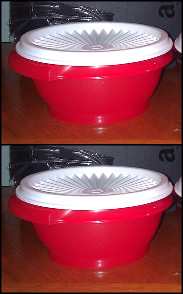 Tupperware TWO Servalier Bowls 10 oz. RED Bowl w/ FIRE RED Instant Accordion Round Seal