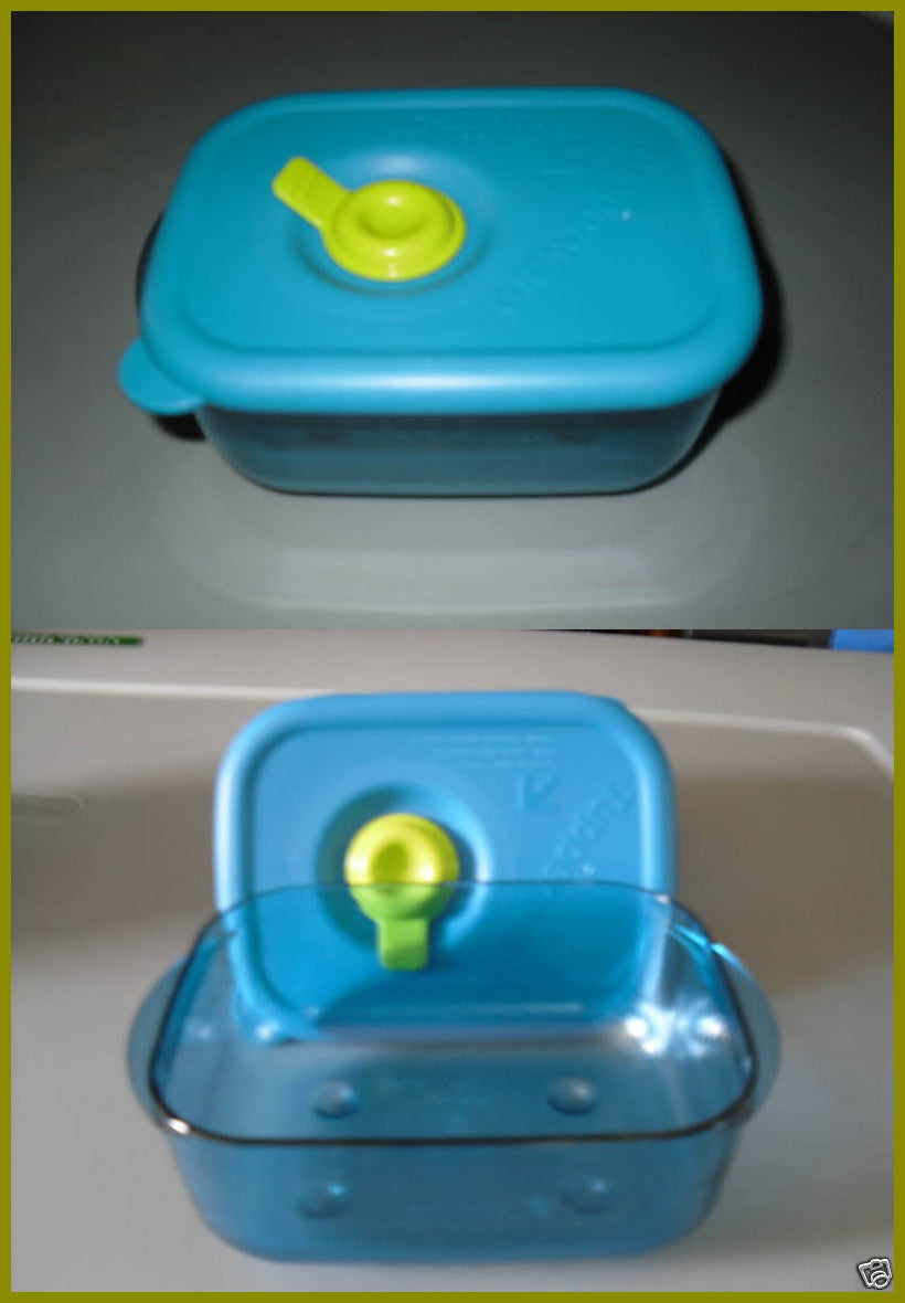 Tupperware Vent N Serve VNS TWO - 2 MICROWAVE 1-CUP SMALL RECTANGLE Parrot Teal