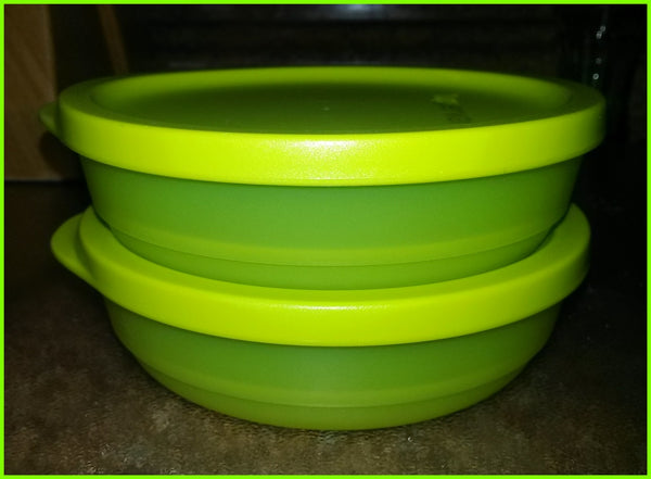 TUPPERWARE Set of 4 - 3/4-cup Basic Bright Shallow Snack Cups / Bowls Tabbed Seals Margarita Lime - Plastic Glass and Wax ~ PGW