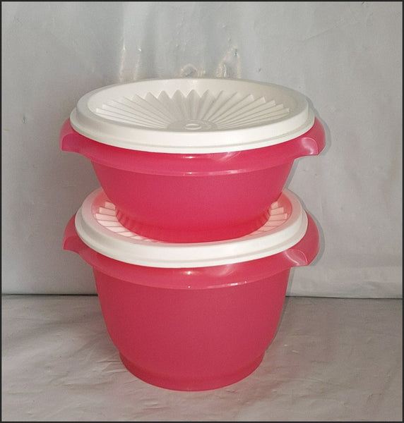Tupperware TWO Servalier Bowls 10 oz. RED Bowls w/ SNOW WHITE Instant Accordion Round Seal