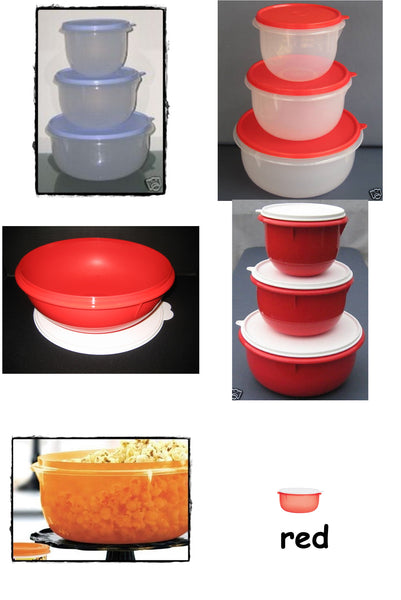 TUPPERWARE 3 Flat Bottom Nesting Mixing Bowls 4-8-12-cup REDS w/ WHITE Tabbed Seals - Plastic Glass and Wax ~ PGW