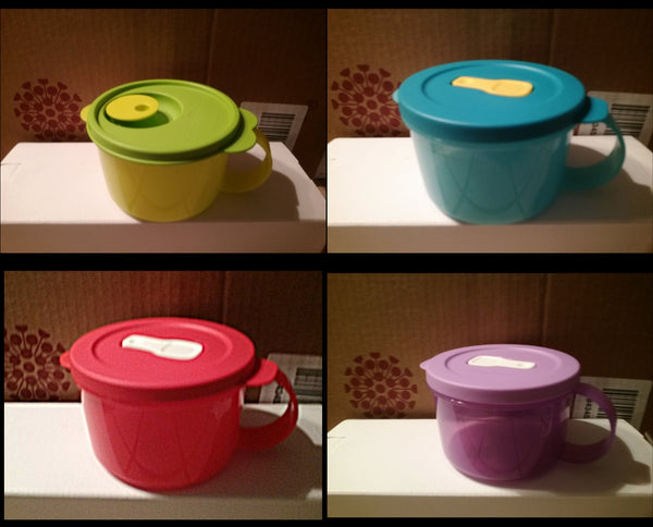 Tupperware 2 CRYSTALWAVE MICROWAVE SOUP MUGS SALSA VERDE / LIME SHADES ROUND VENT