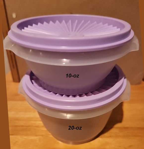 Tupperware TWO SHEER Servalier Bowls 1-10 oz. & 1-20-oz Bowl w/ LILAC PURPLE Round Seals