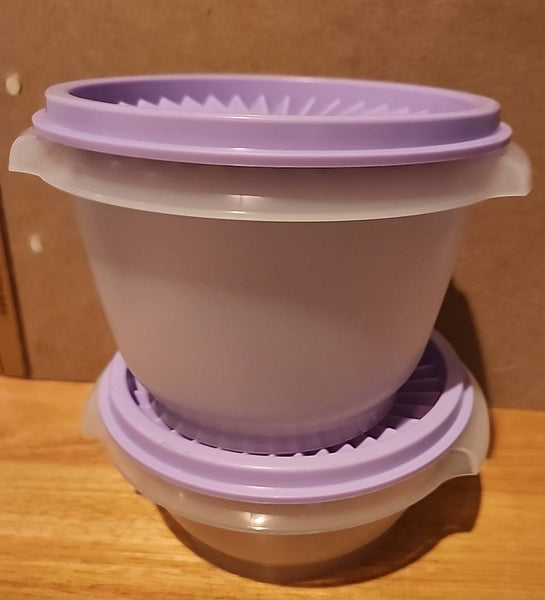 Tupperware TWO SHEER Servalier Bowls 1-10 oz. & 1-20-oz Bowl w/ LILAC PURPLE Round Seals