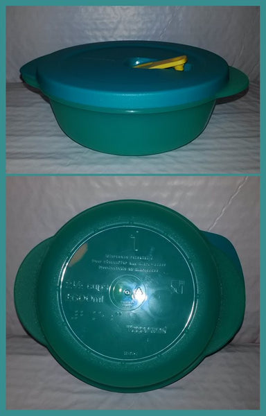 TUPPERWARE CRYSTALWAVE 4 MICROWAVE CONTAINERS 2.5-C ROUND REHEATING BOWLS PARROT/TURKISH TEAL w/ YELLOW VENTED SEAL - Plastic Glass and Wax ~ PGW