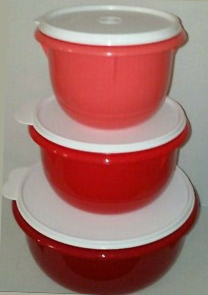 TUPPERWARE 4 Flat Bottom Nesting Mixing Bowls 4-8-12-26-cup REDS w/ WHITE Tabbed Seals
