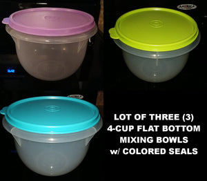 TUPPERWARE 3 Flat Bottom 4-cup SHEER BASE Mixing Bowls w/ TEAL, SALSA & LILAC Seals