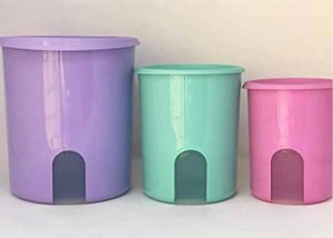 TUPPERWARE 3 Pc Classic COLORED REMINDER Canister Set ~ LILAC ~ LT GRE –  Plastic Glass and Wax ~ PGW