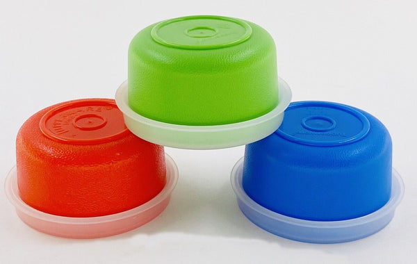 TUPPERWARE TUPPER MINI SMIDGET PILL KEEPER SET of 3 RED BLUE GREEN 1-OZ SMIDGETS w/ SEALS