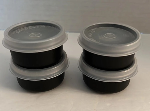 TUPPERWARE TUPPER MINI SMIDGET PILL KEEPER SET of FOUR 4 COLORED 1-OZ SMIDGETS w/ SEALS - Plastic Glass and Wax ~ PGW