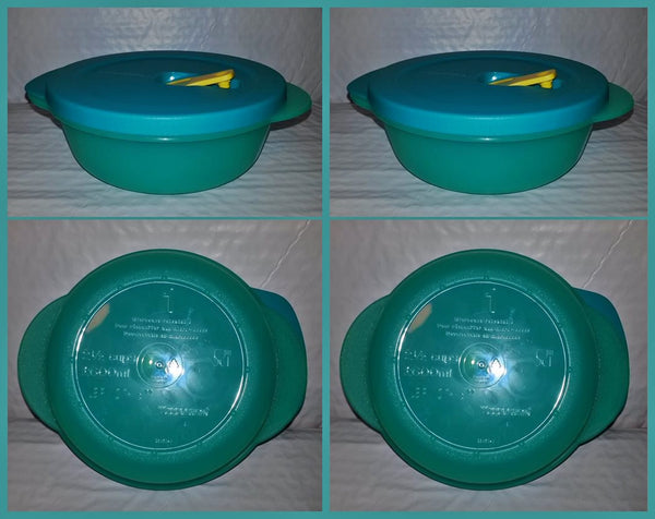 TUPPERWARE CRYSTALWAVE 6 MICROWAVE CONTAINERS 2.5-C ROUND REHEATING BOWLS PARROT/TURKISH TEAL w/ YELLOW VENTED SEALS - Plastic Glass and Wax ~ PGW