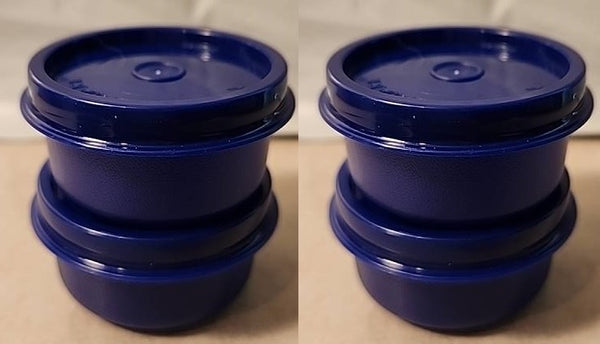 TUPPERWARE TUPPER MINI SMIDGET PILL KEEPER SET of FOUR 4 COLORED 1-OZ SMIDGETS w/ SEALS - Plastic Glass and Wax ~ PGW