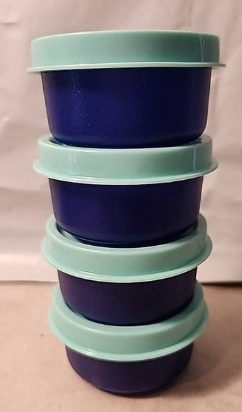 TUPPERWARE TUPPER MINI SMIDGET PILL KEEPER SET of FOUR 4 COLORED 1-OZ SMIDGETS w/ SEALS - Plastic Glass and Wax ~ PGW