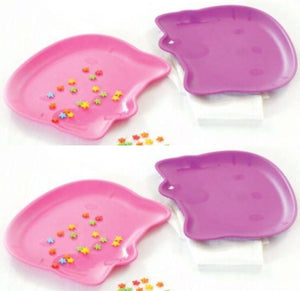 Tupperware 4 HELLO KITTY NOVELTY EMBOSSED MICROWAVE PLATES 2 PINK 2 PURPLE NEW