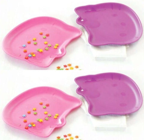 Tupperware 4 HELLO KITTY NOVELTY EMBOSSED MICROWAVE PLATES 2 PINK 2 PURPLE NEW