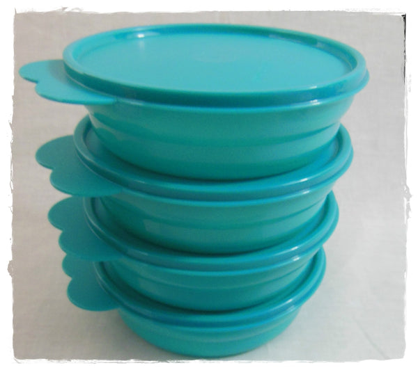 TUPPERWARE MICROWAVE 2 CUP IMPRESSIONS CEREAL BOWL SET/4 BOWLS COLORS NEW - Plastic Glass and Wax ~ PGW