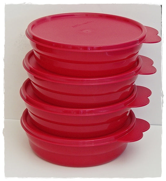 TUPPERWARE MICROWAVE 2 CUP IMPRESSIONS CEREAL BOWL SET/4 BOWLS COLORS NEW - Plastic Glass and Wax ~ PGW