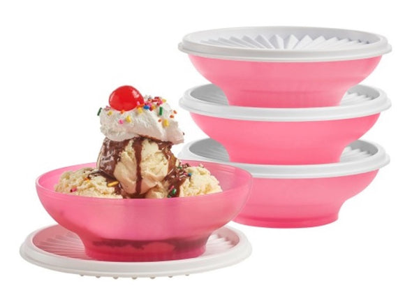 TUPPERWARE SERVALIER SET OF FOUR - 4 BLUE COLORED BOWLS w/ ONE-TOUCH ACCORDION SEALS - Plastic Glass and Wax ~ PGW