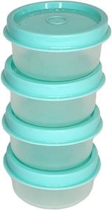 TUPPERWARE 4 TUPPER MINI SMIDGET PILL KEEPER SHEER BASE LT AQUA SEALS 1-OZ SMIDGETS