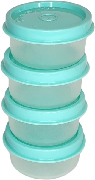 TUPPERWARE 4 TUPPER MINI SMIDGET PILL KEEPER SHEER BASE LT AQUA SEALS 1-OZ SMIDGETS