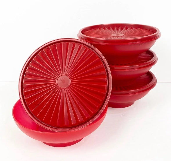 Tupperware FOUR Servalier Bowls 10-oz SHEER Bowl LILAC Instant Accordion Round Seal
