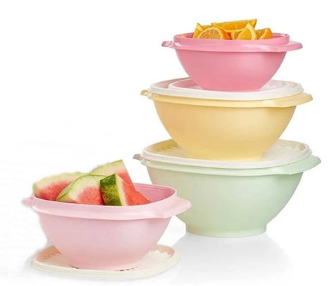 TUPPERWARE SERVALIER SET OF FOUR - 4 BLUE COLORED BOWLS w/ ONE-TOUCH ACCORDION SEALS