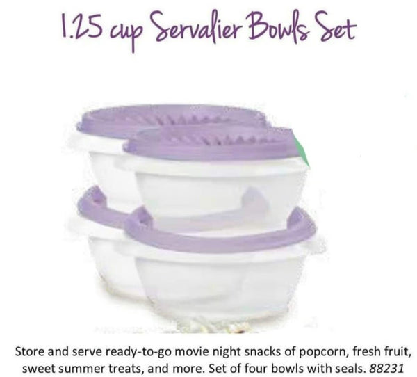 TUPPERWARE SERVALIER SET OF FOUR - 4 BLUE COLORED BOWLS w/ ONE-TOUCH ACCORDION SEALS - Plastic Glass and Wax ~ PGW