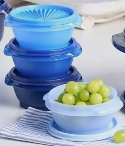 Tupperware FOUR Servalier Bowls 10-oz SHEER Bowl LILAC Instant Accordion Round Seal
