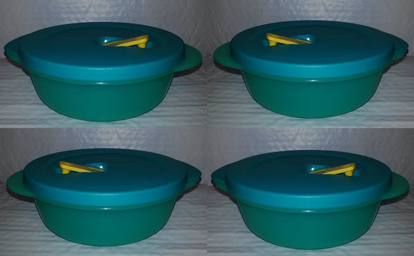 TUPPERWARE CRYSTALWAVE 6 MICROWAVE CONTAINERS 2.5-C ROUND REHEATING BOWLS PARROT/TURKISH TEAL w/ YELLOW VENTED SEALS - Plastic Glass and Wax ~ PGW