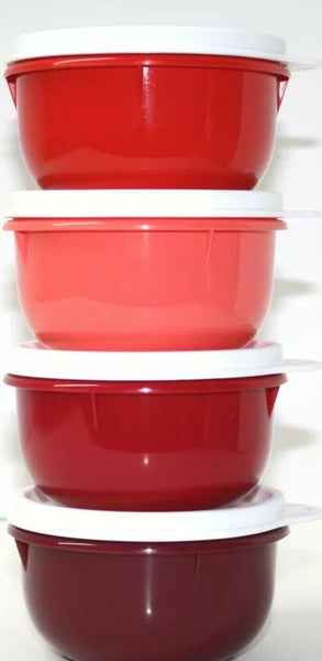 TUPPERWARE 3 Flat Bottom Nesting Mixing Bowls 4-8-12-cup REDS w/ WHITE Tabbed Seals - Plastic Glass and Wax ~ PGW