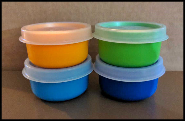 TUPPERWARE TUPPER MINI SMIDGET PILL KEEPER 1-OZ SMIDGETS MANGO ORANGE YELLOW & SALSA VERDE