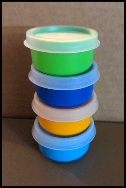 TUPPERWARE TUPPER MINI SMIDGET PILL KEEPER LT & ROYAL BLUE, LIME GREEN, & PAPAYA 1-OZ SMIDGETS w/ SEALS