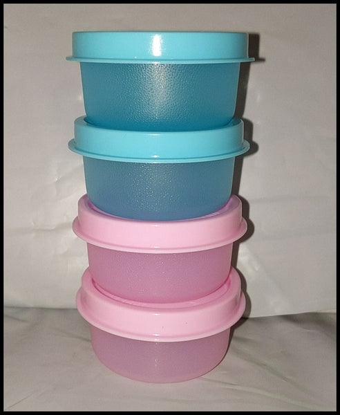 TUPPERWARE TUPPER MINI SMIDGET PILL KEEPER LT & ROYAL BLUE, LIME GREEN, & PAPAYA 1-OZ SMIDGETS w/ SEALS