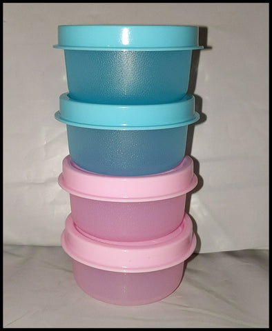 TUPPERWARE TUPPER MINI SMIDGET PILL KEEPER SET 2 PINK 2 LT BLUE 1-OZ SMIDGETS w/ SEALS