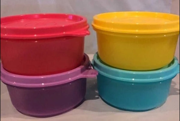 TUPPERWARE 2 Mini Serving Center Storage Container Snack Bowls Seals PURPLE DAISY (Copy) - Plastic Glass and Wax ~ PGW