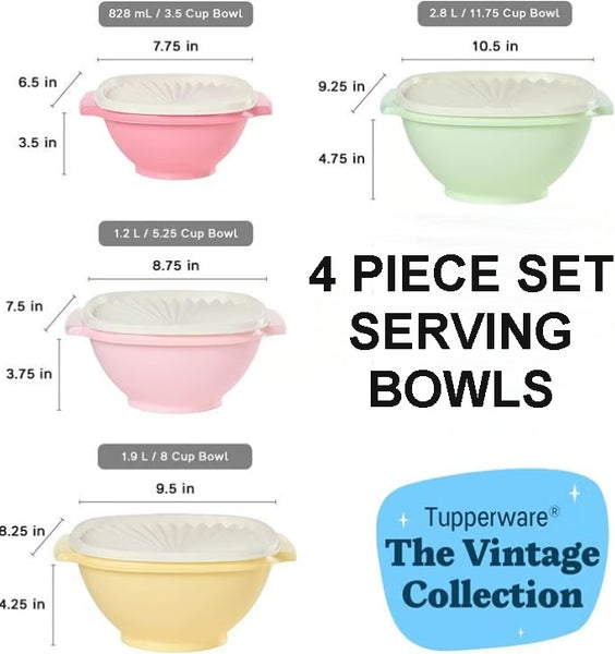TUPPERWARE SERVALIER SET OF FOUR - 4 BLUE COLORED BOWLS w/ ONE-TOUCH ACCORDION SEALS - Plastic Glass and Wax ~ PGW