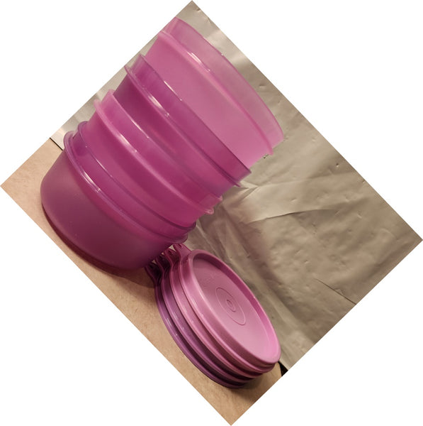 TUPPERWARE 2 Mini Serving Center Storage Container Snack Bowls Seals PURPLE DAISY (Copy) - Plastic Glass and Wax ~ PGW