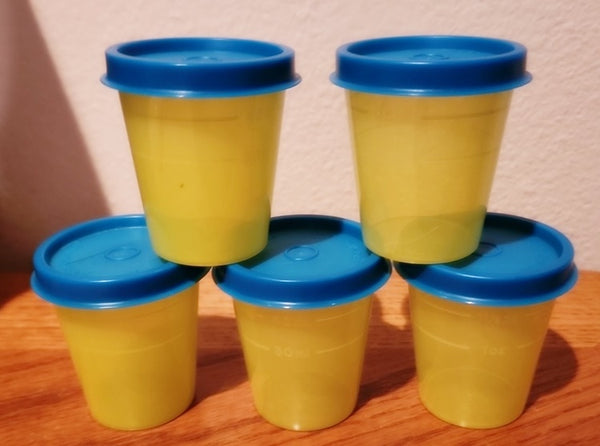 TUPPERWARE 5 TUPPER MINI 2-oz MIDGETS SALSA w/ PARROT TEAL SEALS NEW - Plastic Glass and Wax ~ PGW