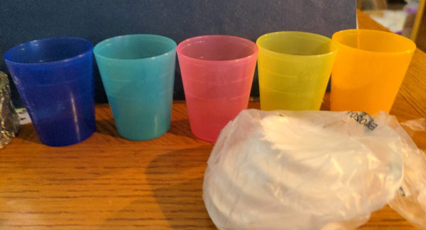 TUPPERWARE 5 TUPPER MINI 2-oz MIDGETS MULTI-COLORED w/ WHITE SEALS NEW - Plastic Glass and Wax ~ PGW