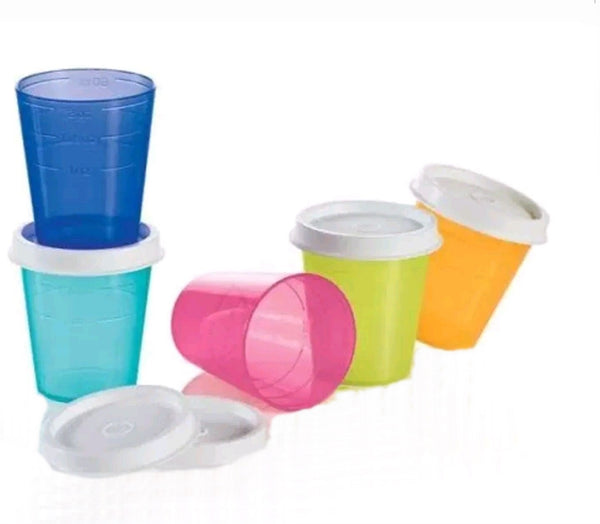 TUPPERWARE 5 TUPPER MINI 2-oz MIDGETS SALSA w/ PARROT TEAL SEALS NEW - Plastic Glass and Wax ~ PGW