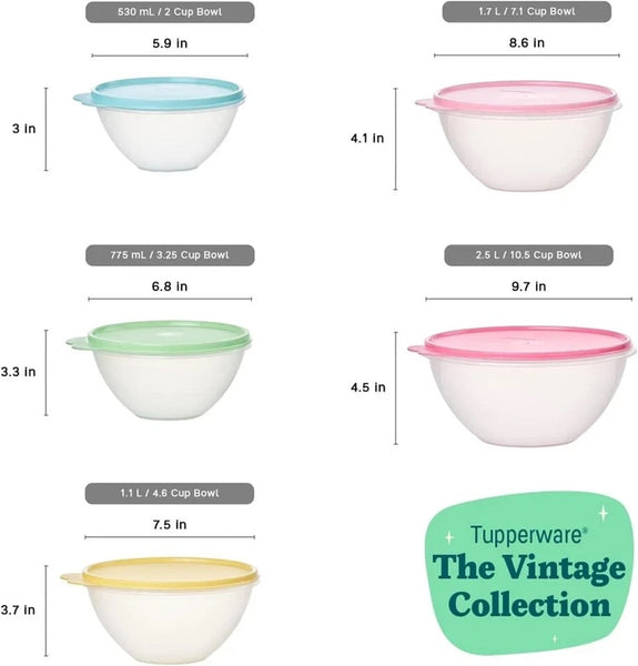 Tupperware 5 SHEER WONDERLIER NESTING BOWLS w/ VINTAGE COLOR SEALS NEW