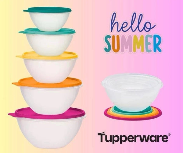 Tupperware 5 SHEER WONDERLIER NESTING BOWLS w/ VINTAGE COLOR SEALS NEW