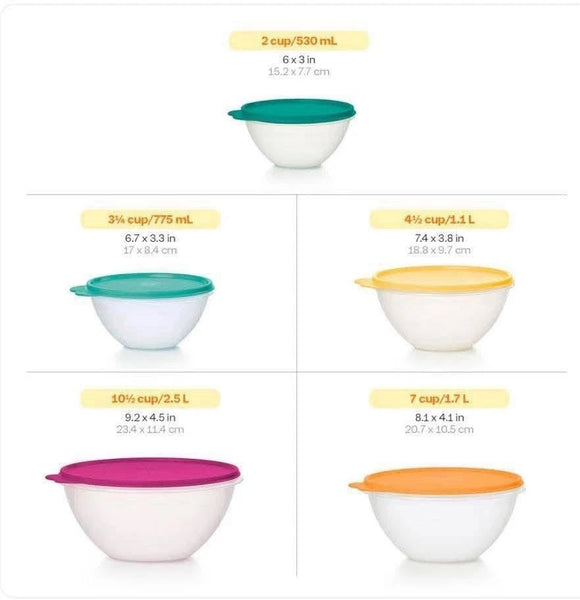 Tupperware 5 SHEER WONDERLIER NESTING BOWLS w/ VINTAGE COLOR SEALS NEW